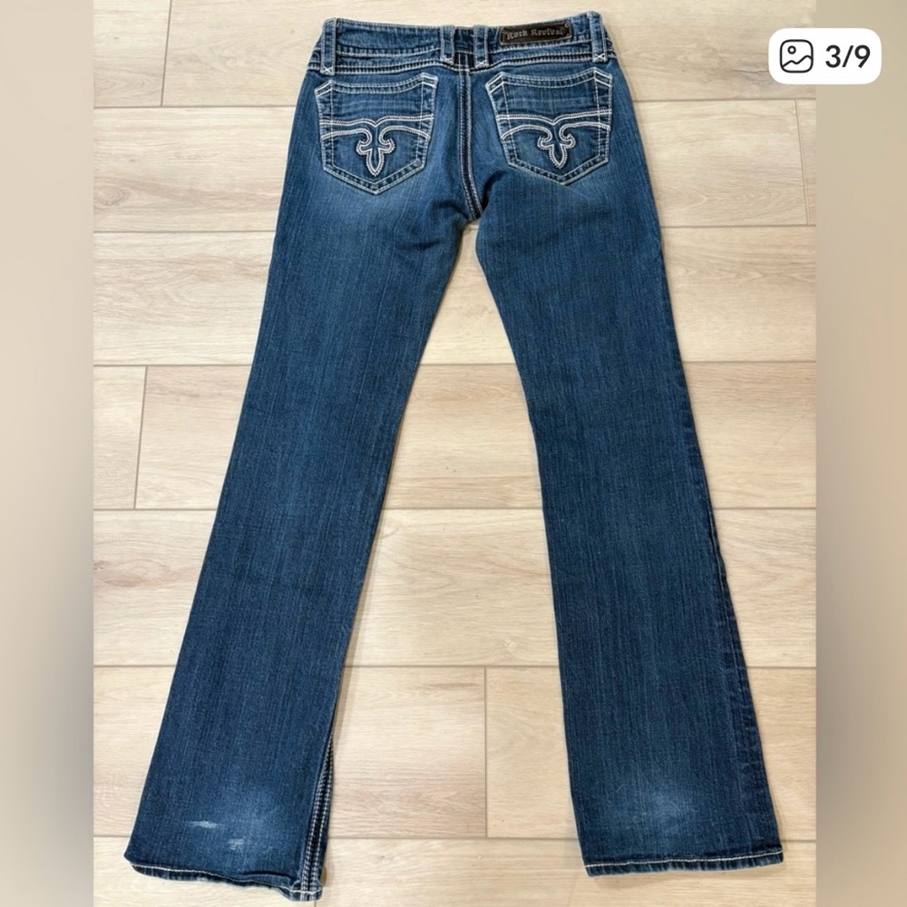 Rock Revival Womens Jeans Leona Boot Cut Dark Wash Size 30 Low Rise Embroidered